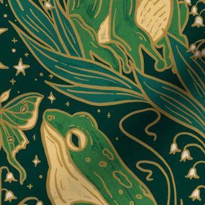 Art Nouveau Frogs with lily of the valley, Luna moth, and moon and stars - Large Scale