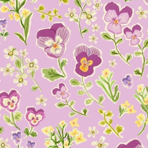 Painted Pansies in Purple, Yellow, and Green on Soft Lavender  - JUMBO