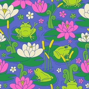 Playful Frog Pond in Midnight Meadow | Medium Scale - 12" repeat