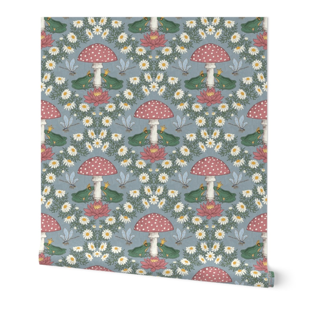 Royal frog in love - mushroom, dragonfly, chamomile- gray blue background L scale