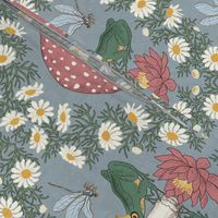 Royal frog in love - mushroom, dragonfly, chamomile- gray blue background L scale