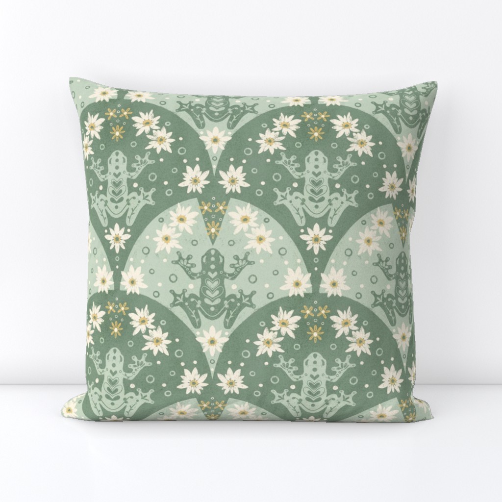 Bohemian Inspired Botanical Frogs on Scalloped Lily Pads _Sage (Large)