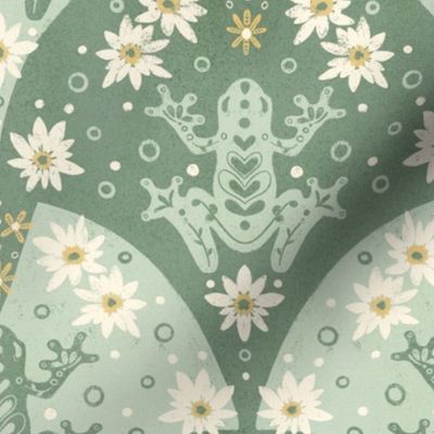 Bohemian Inspired Botanical Frogs on Scalloped Lily Pads _Sage (Large)