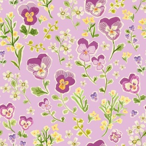 Painted Pansies in Purple, Yellow, and Green on Soft Lavender  - 16 inch repeat