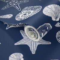 Shell Sketches on Navy Background, Large Scale Repeat