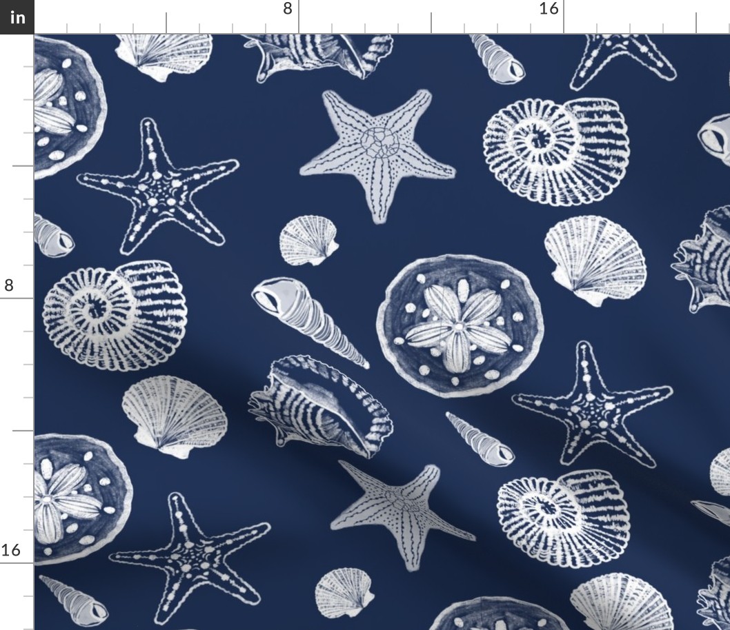 Shell Sketches on Navy Background, Large Scale Repeat