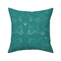 Galaxy Leap Frogs Line Art - Light Olive Green on Turquoise