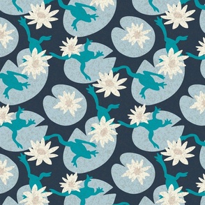Teal Frogs on Navy Blue