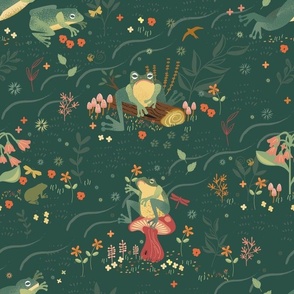 Frogs Frolicking in a Big Green Meadow with Delightful Peach, Coral, and Gold Details