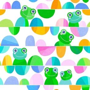 Fun abstract geo frogs with pebbles in tonal green and blue pastels to celebrate happy days! #boldpastels #kidsparty #kidsdecor #kidsfashion