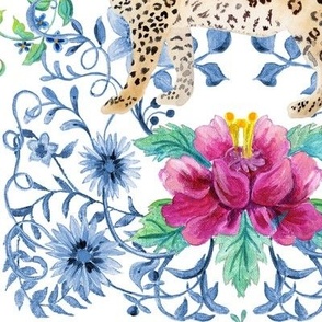 24" Chinoiserie Leopard Peacock Colorful Floral Watercolor by Audrey Jeanne