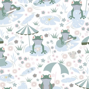 Medium / Pond Pals - Muted Blue Gray - Frogs - Toads - Pastel Colors - Monochromatic - Water Lily - Lotus Leaf - Pond - Nature - Kids - Whimsical - Funny