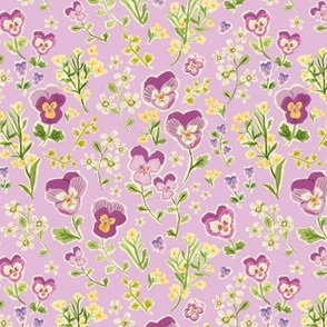 Painted Pansies in Purple, Yellow, and Green on Soft Lavender  - 6 inch repeat