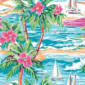 Tropical Scene 2 Boats Palm Trees Hibiscus Floral