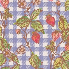 Climbing Strawberry Vines in Watercolor on Gingham Check with Soft Sun Bleached Texture  - Old Blue