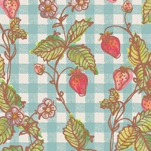 Climbing Strawberry Vines in Watercolor on Gingham Check with Soft Sun Bleached Texture  - Retro Turquise