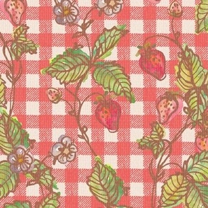 Climbing Strawberry Vines in Watercolor on Gingham Check with Soft Sun Bleached Texture - Retro Red