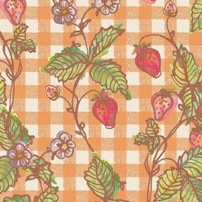 Climbing Strawberry Vines in Watercolor on Gingham Check with Soft Sun Bleached Texture  - Warm Orange