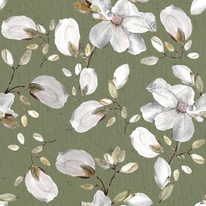 Large Olive Green White Flowers / Watercolor