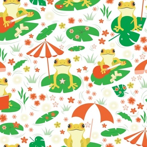 Medium / Pond Pals - Green and Red - Frogs - Toads - Funny - Whimsical - Bright Colors - Pond - Nature - Kids - Yellow - Lotus Leaf - Water Lily