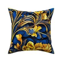 XL gold flowers with foliage blue background