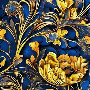 XL gold flowers with foliage blue background