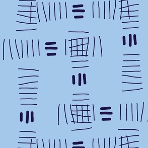 Hand drawn abstract doodle tally marks, deep purple on sky blue for home décor, bedding, wallpaper 