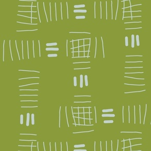 Hand drawn abstract doodle tally marks, fog gray on pea green for home décor, bedding, wallpaper 