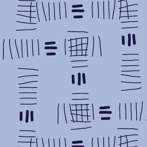 Hand drawn abstract doodle tally marks, deep purple on periwinkle blue for home décor, bedding, wallpaper 