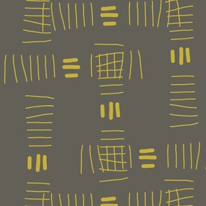 Hand drawn abstract doodle tally marks, mustard yellow on dark gray for home décor, bedding, wallpaper 