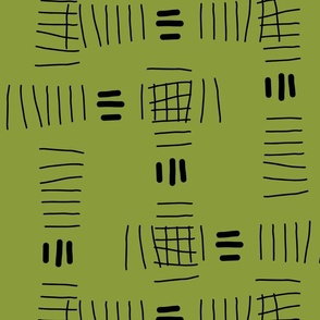 Hand drawn abstract doodle tally marks, black on pea green for home décor, bedding, wallpaper 