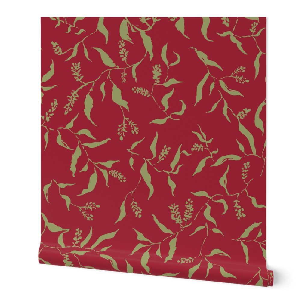large - Foliage delicate branches with long leaves and small blooms - light fern green on scarlet smile crimson red