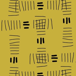 Hand drawn abstract doodle tally marks, black on mustard yellow for home décor, bedding, wallpaper 