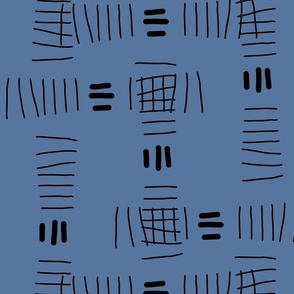 Hand drawn abstract doodle tally marks, black on Cerulean blue for home décor, bedding, wallpaper 