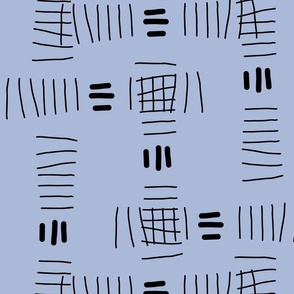 Hand drawn abstract doodle tally marks, black on periwinkle blue for home décor, bedding, wallpaper 