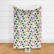 Multicolored Chintz Flower Stripe with Butterflies on White Large Scale