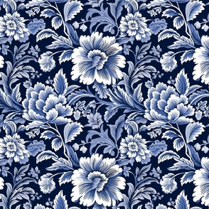 Navy Blue and White Baroque Floral Seamless Pattern