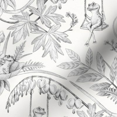 Charcoal Gray Frogs in a Flower Garden Damask
