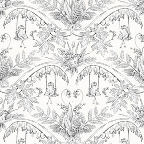 Charcoal Gray Frogs in a Flower Garden Damask