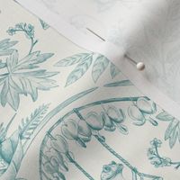 Small-Scale Teal Frogs in a Flower Garden Damask