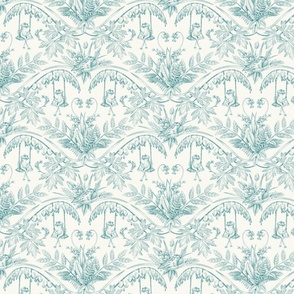 Small-Scale Teal Frogs in a Flower Garden Damask