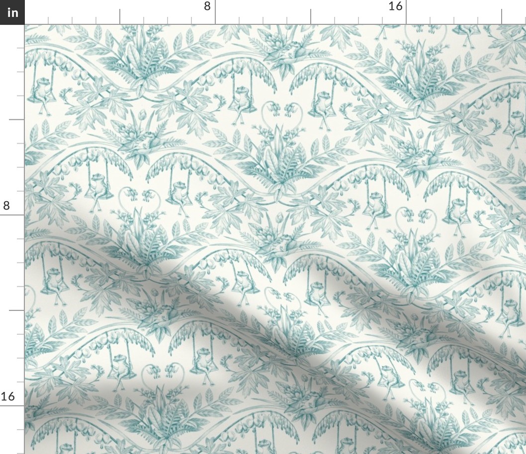 Small-Scale Teal Frogs in a Flower Garden Damask