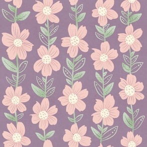 Boho Pink Floral with Green Vertical Vines_Dark Lilac (Large)