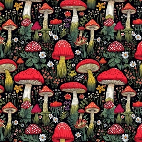 Enchanted Forest Mushroom and Wildflower Seamless Pattern