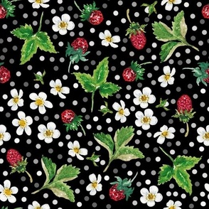 Hand Painted Watercolor Wild Strawberry, Berries, White Flowers on Black, M