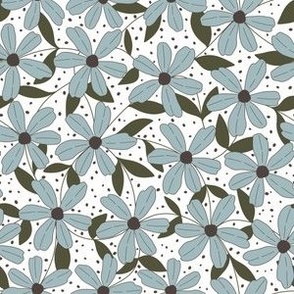 Pastel blue flowers on a white background, polkadots