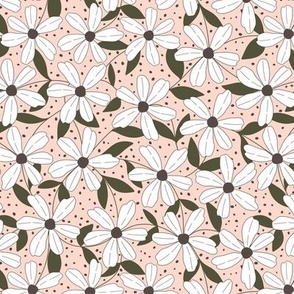White flowers on a pink background, polkadots