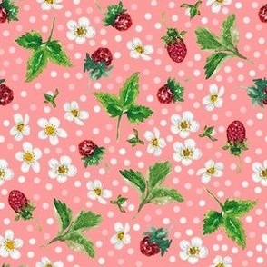 Hand Painted Watercolor Wild Strawberry, Berries, White Flowers on Pink, M