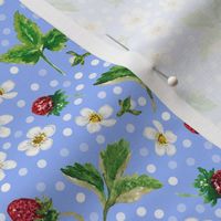 Hand Painted Watercolor Wild Strawberry, Berries, White Flowers on Pastel Royal Blue, M