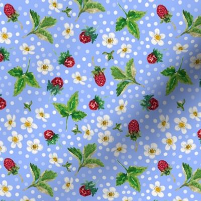 Hand Painted Watercolor Wild Strawberry, Berries, White Flowers on Pastel Royal Blue, M